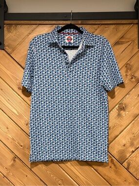 Men's Blue Geometric Short-Sleeve Polo Jermyn & Bond Small Golf